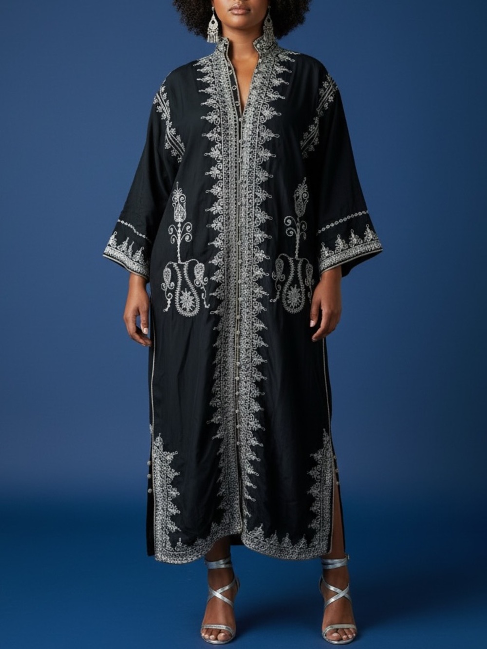 Vtg 70s Moroccan Black Kaftan Silver Embroidery Dress Bell Sleeve Archival Robe